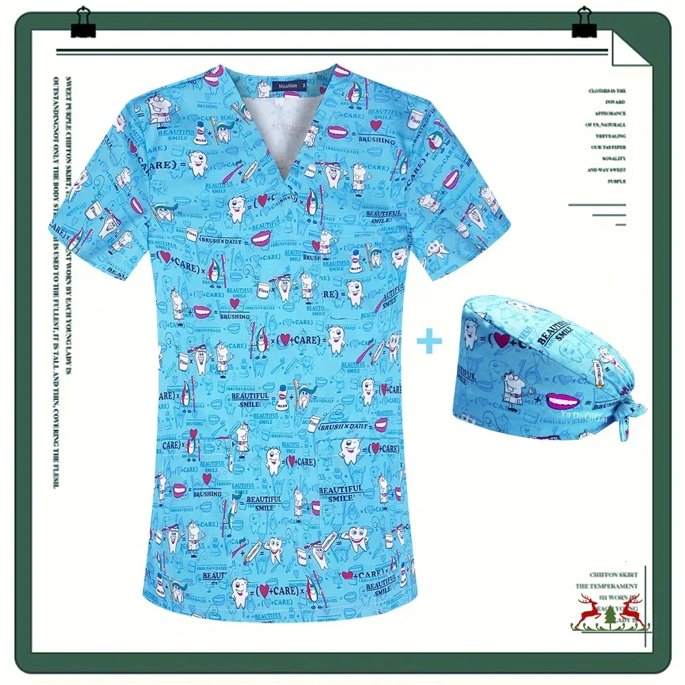 Print Women With Pockets V-Neck Scrub Uniforms Pet Grooming Nurse Spa Caring Shirt Medical Scrubs Surgery Uniform Top