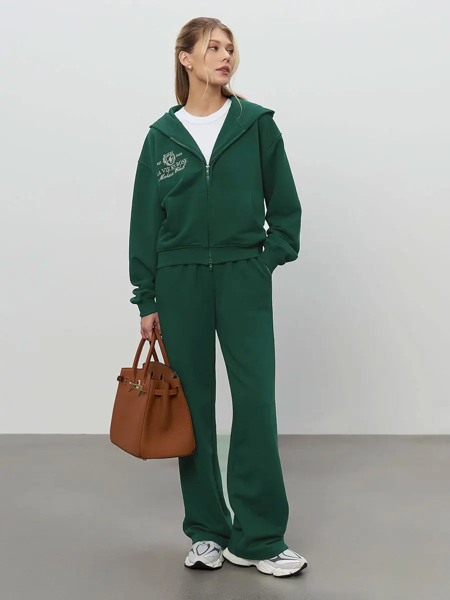 Sumuyoo قصيرة قلنسوة بسحاب مجموعة المرأة 2025 الخريف الشتاء عارضة الرياضة هوديي البلوز بنطال ذو قصة أرجل واسعة 2 قطعة مجموعة