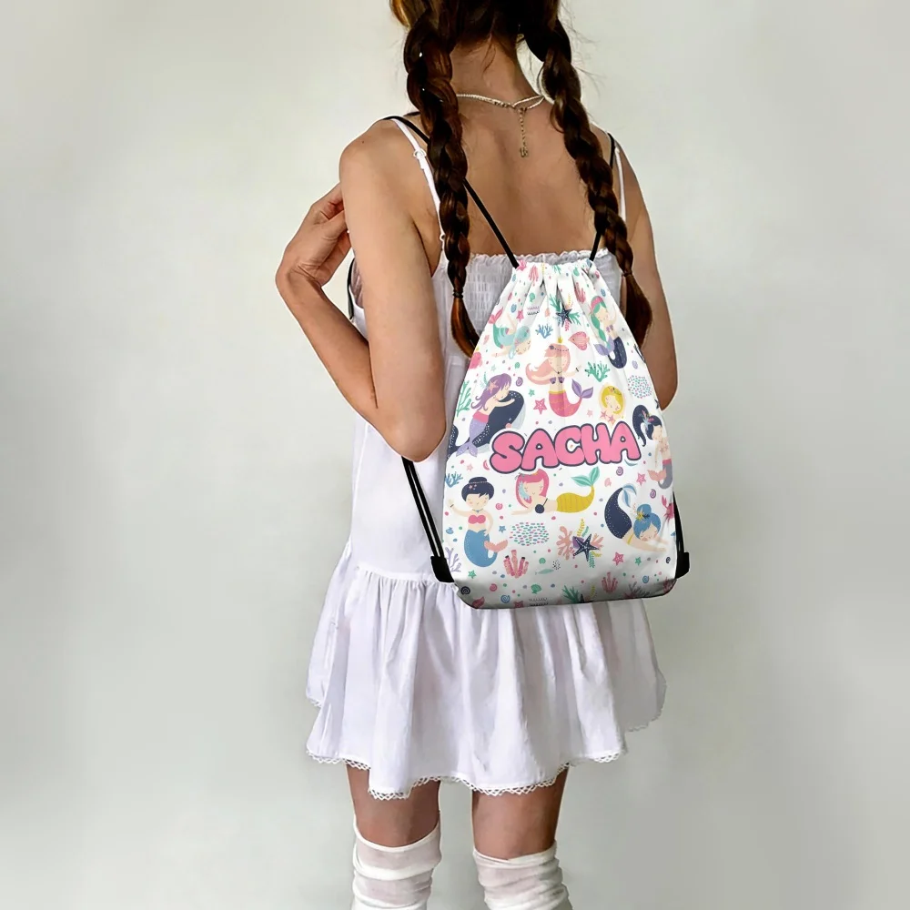 1Pc Personalized Custom Name/Text Drawstring Bag, Cute Cartoon Storage Pouch, Lightweight Travel Sports Storage Backpack