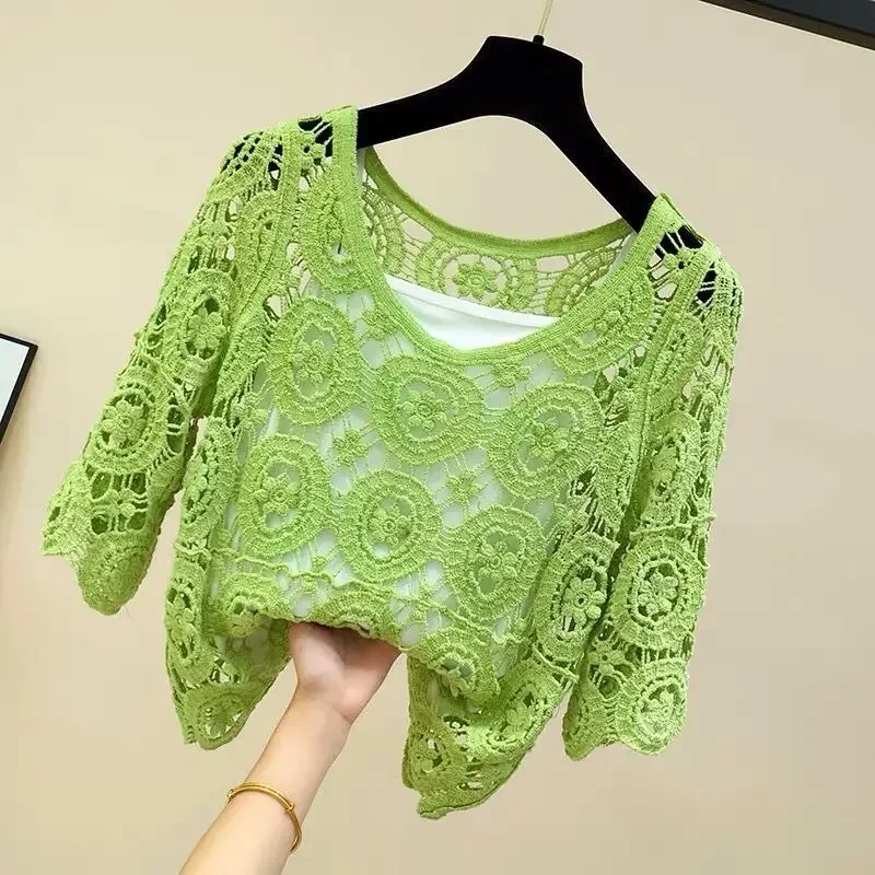 Women 2024 New Spring Summer New Hook Flower Hollow Loose Pullovers Female Shawl Knitted Tops Ladies Short Jumper Sweater Tops