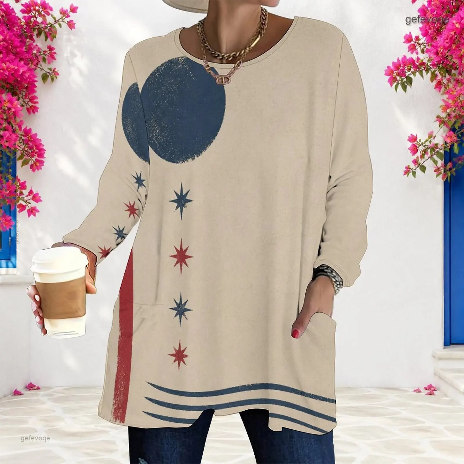 Women Khaki Round Neck Long Sleeve Loose Longline Top Moon Star Stripe Print With Pockets