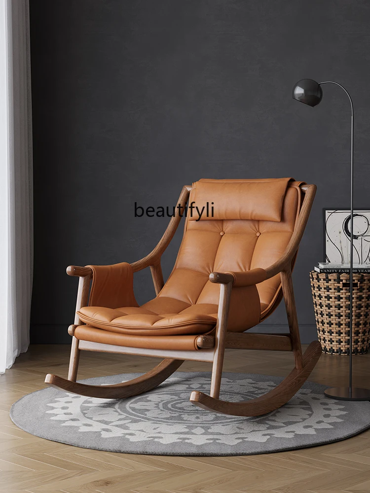 LBX Solid Wood Leather Rocking Chair Sofa Recliner Modern Minimalist Nap Chair Balcony Leisure Chair