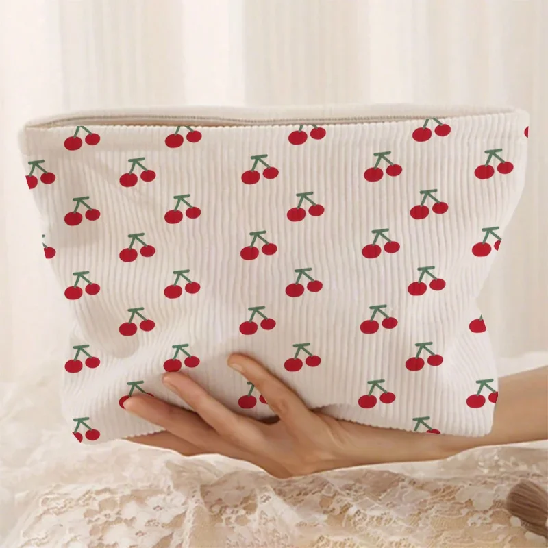 Makeup Bag with Zipper Closure - Cute Corduroy Cosmetic Suitable Portable Travel Toiletry Storage, Hand Washable Soft Bag