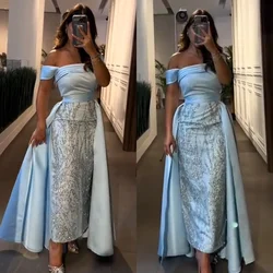 Customized Exquisite Off-the-shoulder Sheath Anke Length Prom Dresses Paillette / Sequins Satin Evening  birthday dress for wome