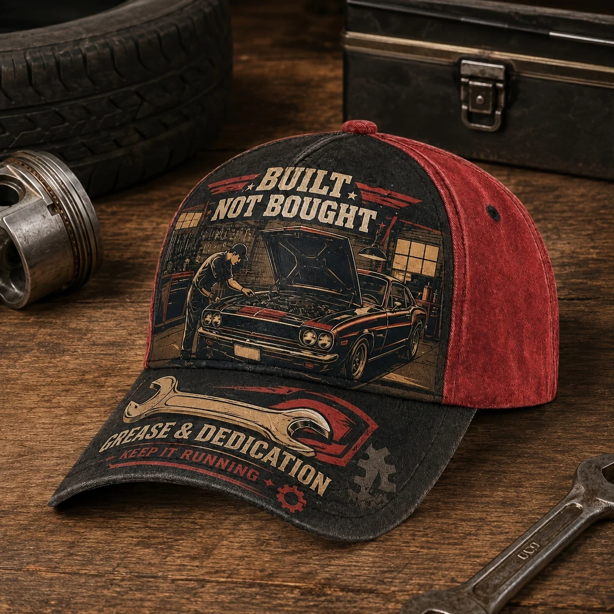 Custom Vintage Muscle Car Garage Baseball Cap, Adjustable Casual Dad Hat With Mechanic Print, Breathable Outdoor Sun Hat For Car