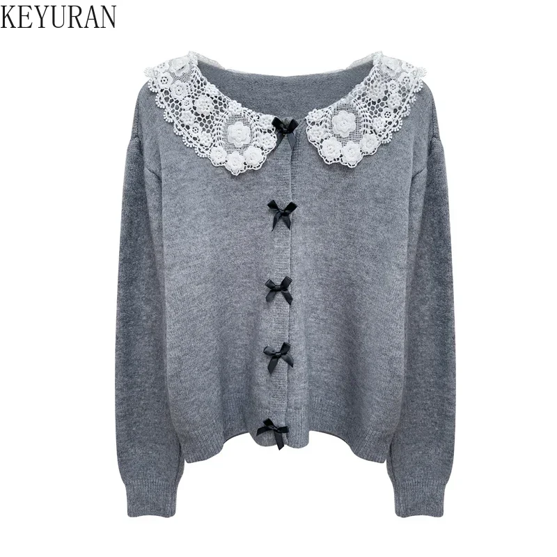 Sweet Lace Peter Pan Collar Bow Tie Sweater Coat Women 2024 Autumn Winter Gentle Style Long Sleeve Knitted Cardigan Mujer Tops