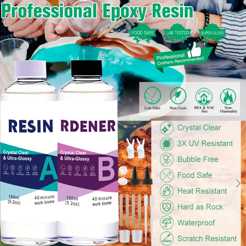 Kit de resina epóxi, super brilhante, autonivelante, seguro para alimentos, mistura fácil, resina de fundição e revestimento 1:1, kit de endurecedor para fundição de joias