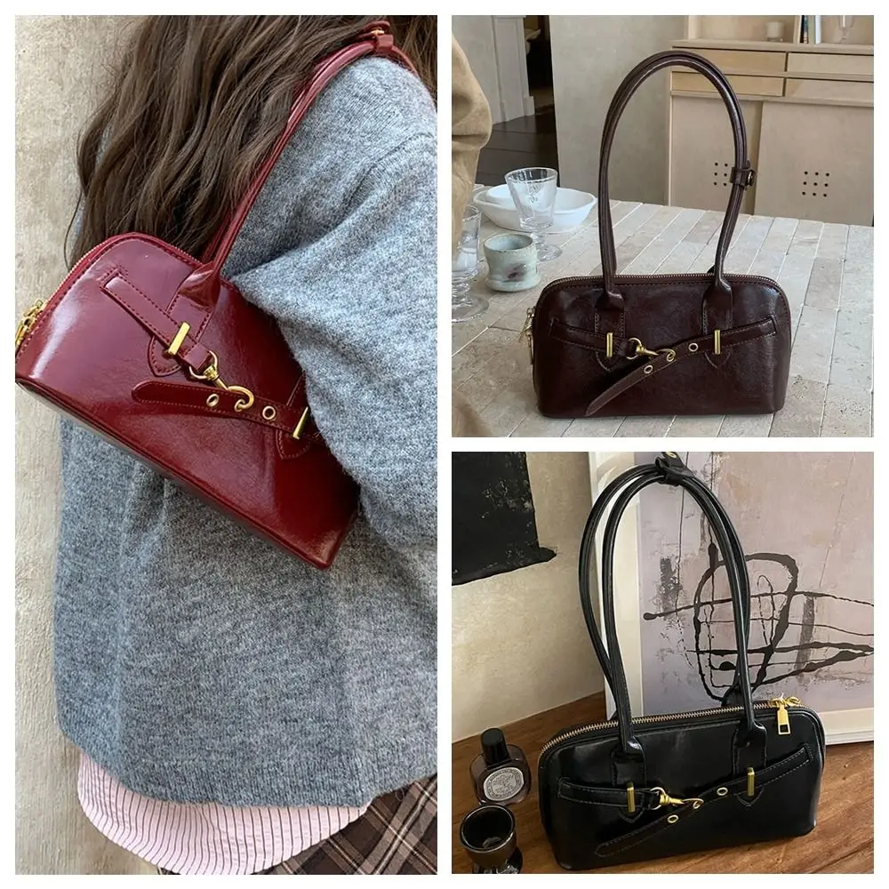 

Fashionable Korean Style Retro Shoulder Bag PU Leather Solid Color Underarm Bag Handbag Large Capacity Bowling Bag Travel
