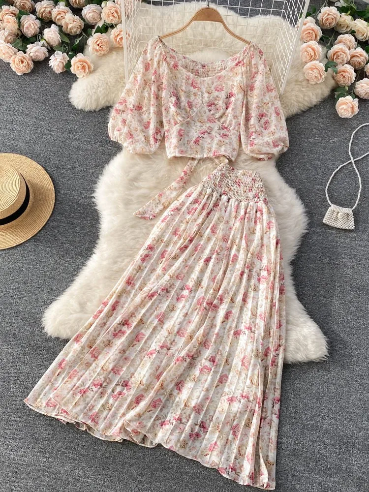 New Women Elegant Floral Skirt Set Female Sleeveless Top & A-Line Midi Skirt Female Casual Suits 2022