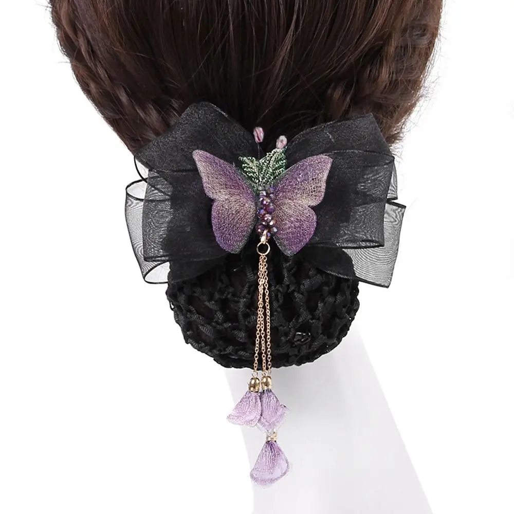 

Airline Stewardess Headwear Rhinestone Butterfly Hairgrips Cover Net Korean Bun Snood Women Spring Clips Professional Headdress