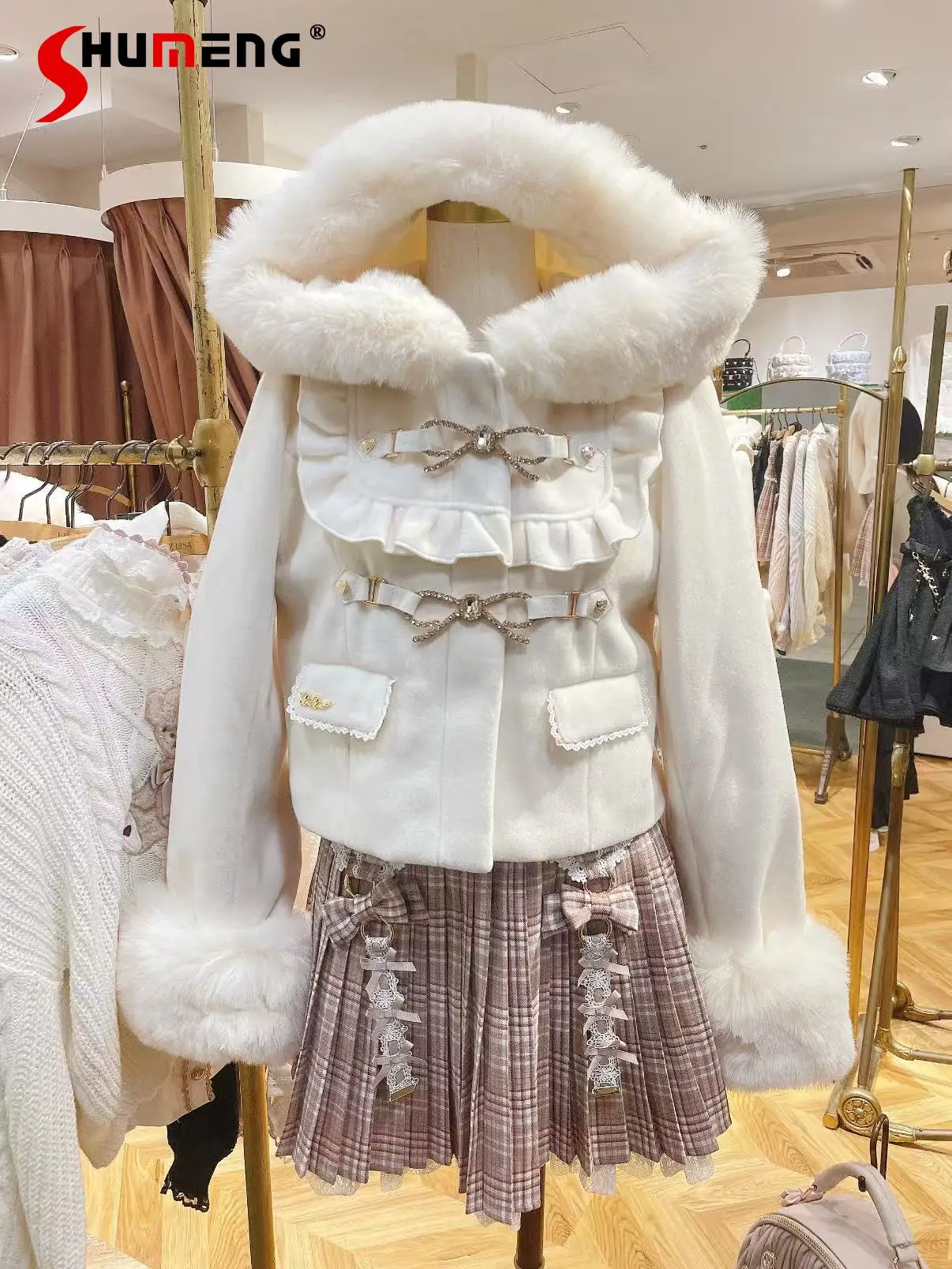 

Winter Outerwear Japanese Cute Girls Sweet Bowknot Hooded Coat Women Heart Button Slim Fit Elegant Short Thick Woolen Coat 2025