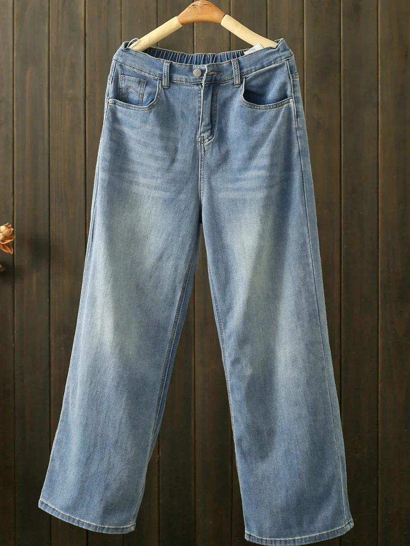 

Summer plus Size Women's Loose High Waist Straight Leg Vintage Blue Jeans Stretch Cotton Denim Breathable Comfortable Long Pants