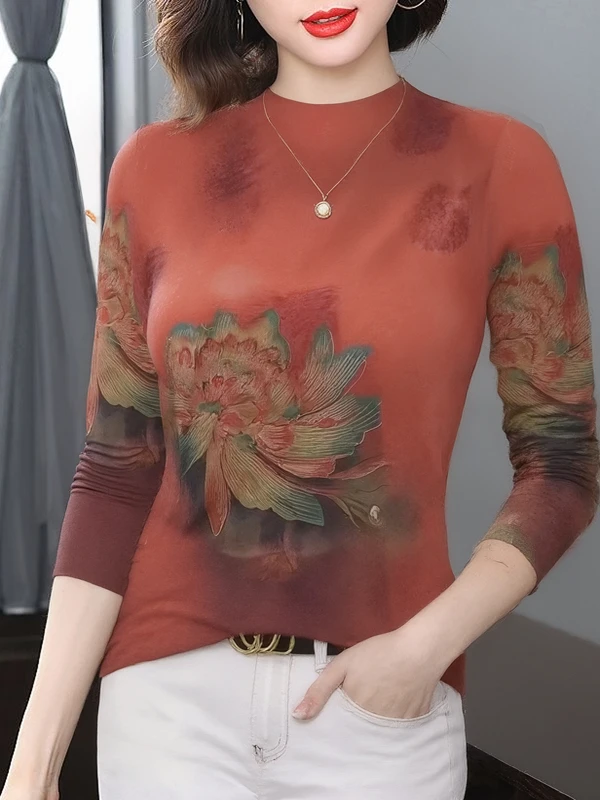 

Модная утепленная женская базовая рубашка с флисовой подкладкой, принтом, длинными рукавами и воротником-стойкой, подходит для женщин среднего возраста.