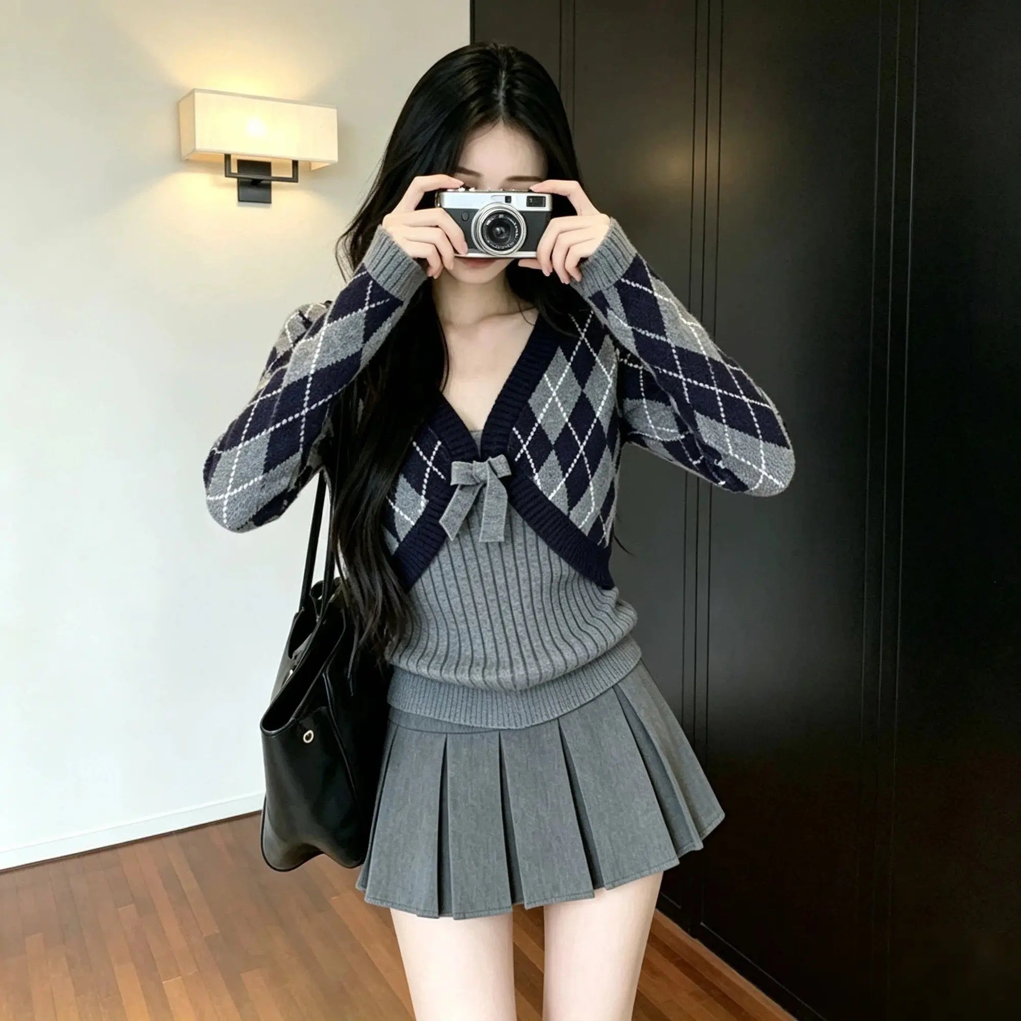 Kimutomo Korean Preppy Style Gray Argyle Tie-Front Knit Cardigan Women Autumn Slim Fit Camisole Vest Top Set