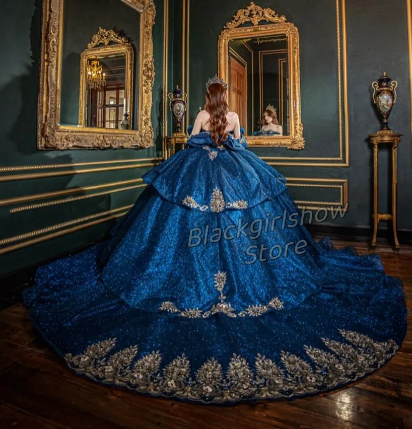 Princess Royal Blue Quinceanera Dress 2024 cattedrale Hem Luxury One Shoulder Crystal Applique Ruffle Queen Vestidos De 15 Dress