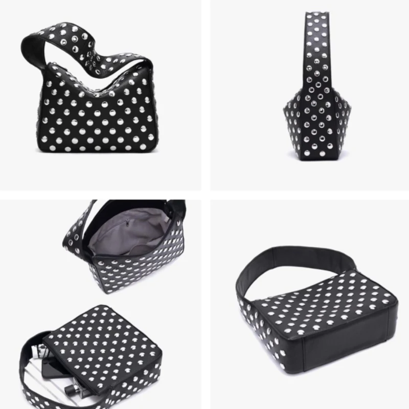 Vintage Rivet Women Handbag,Streetwear Motorcycle Style Purse Metal Stud Shoulder Bag,Punk Heavy Industrial Armpit Tote Bag