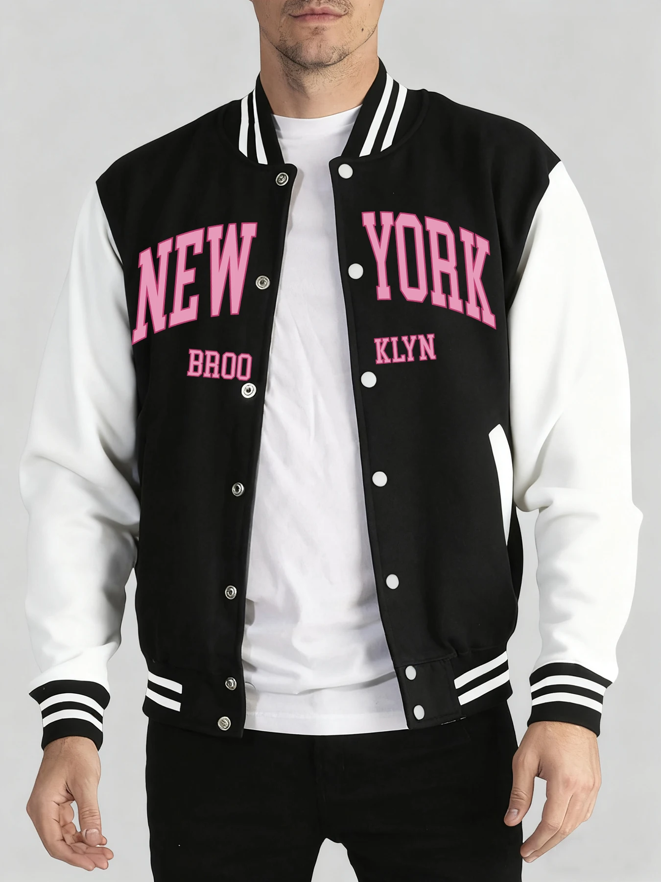 

Pink New York Brooklyn Usa Printing Man Tops Autumn Winter Baseball Uniform Casual Minimalist Jacket Comfy Oversized Menswear