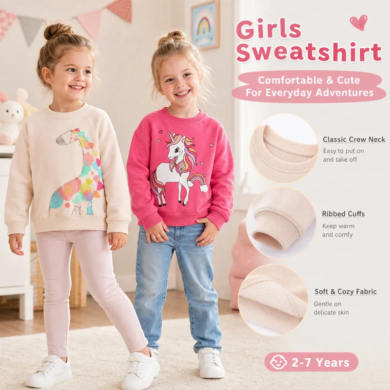 Little Hand Girl Sweatshirts Pullover Crewneck Winter Long Sleeve Tops Shirts DinosaurUnicorn Print Daily Clothing Tops for2-7T