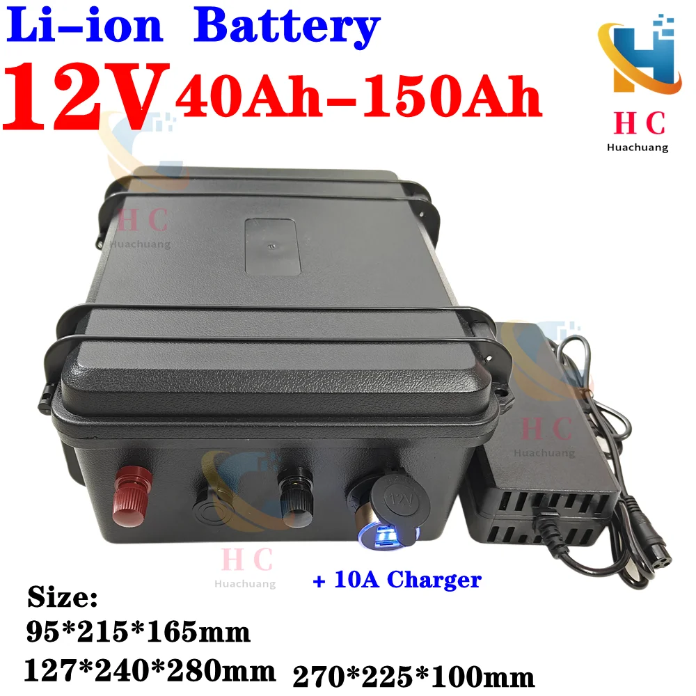 Waterproof 12v 100ah lithium battery 12v 40AH 60AH 80AH 120AH 150AH USB Solar Energy Storage Battery fishing boat + 10A charger