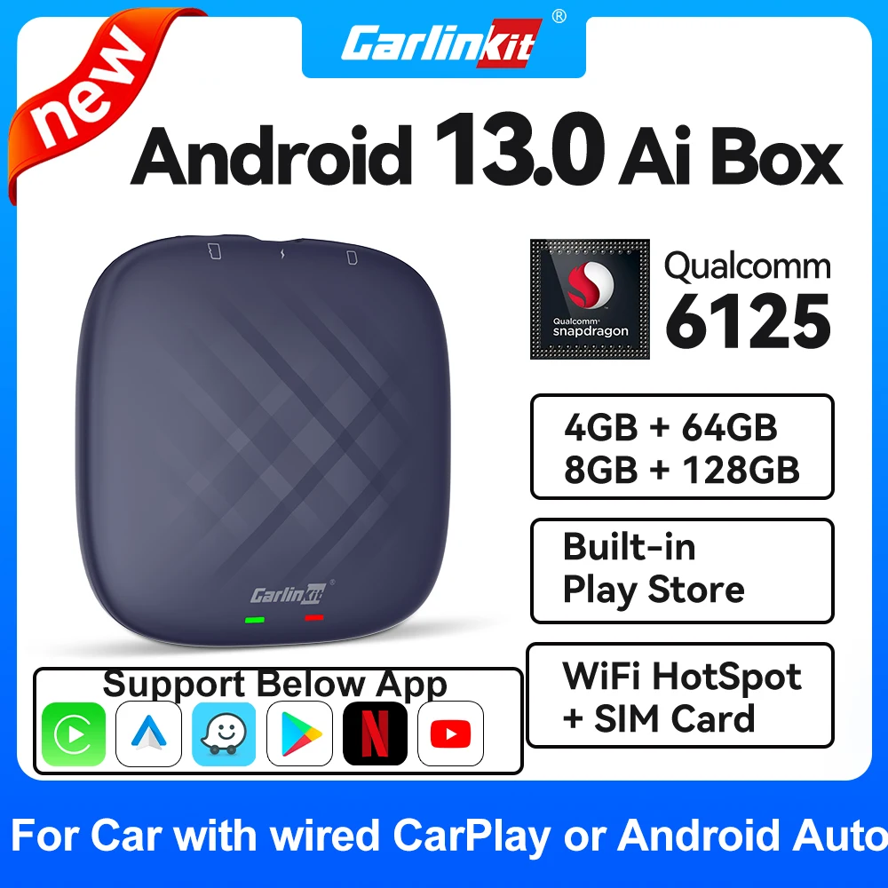 2024 NEW CarlinKit CarPlay Ai Box Qualcomm 8-Core Android 13 Wireless Carplay Android Auto Car Video TV Box WiFi SIM For Netflix