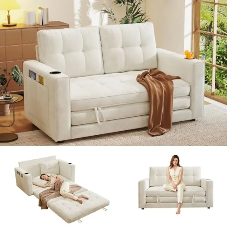 Convertible Folding Sofa Bed for Small Space, Chenille, Gray, Pull-Out Sleeper with Cup Holder and Pillow for Bedroom, Dorm, Li
