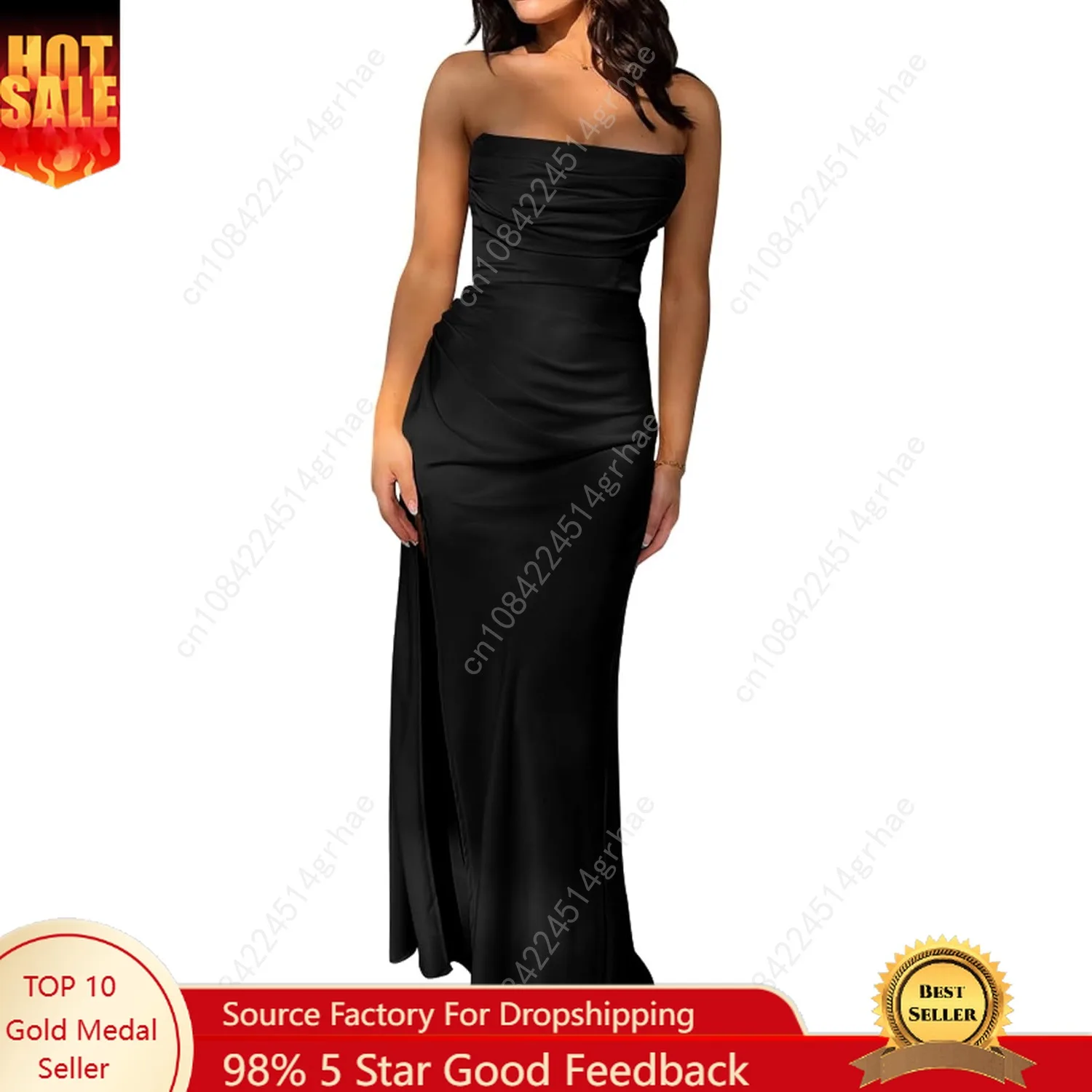 

Women's Sexy Strapless Tube High Slit Ruched Party Cocktail Maxi Dress