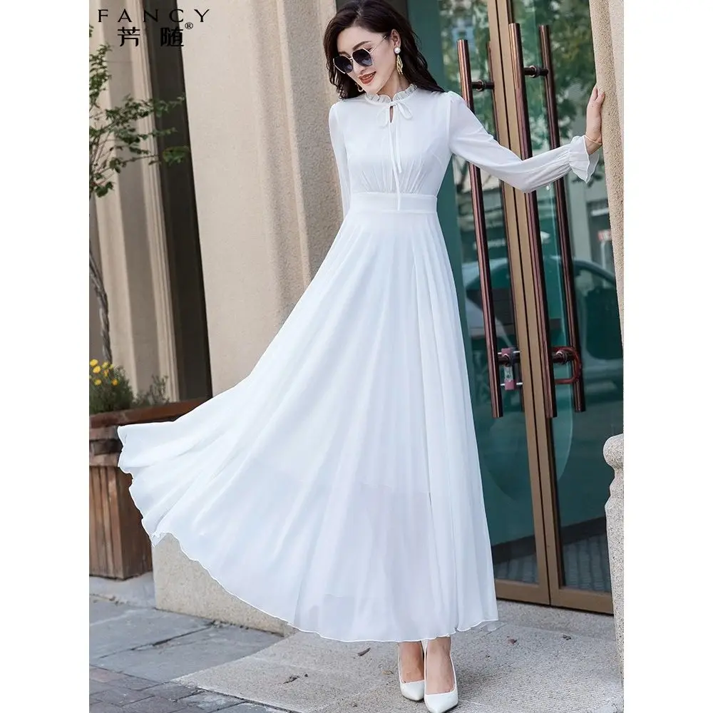 Red Chiffon Long Sleeved Dress for Women's Spring and Summer New Style Temperament Long Skirt with High-end Feel White Retro