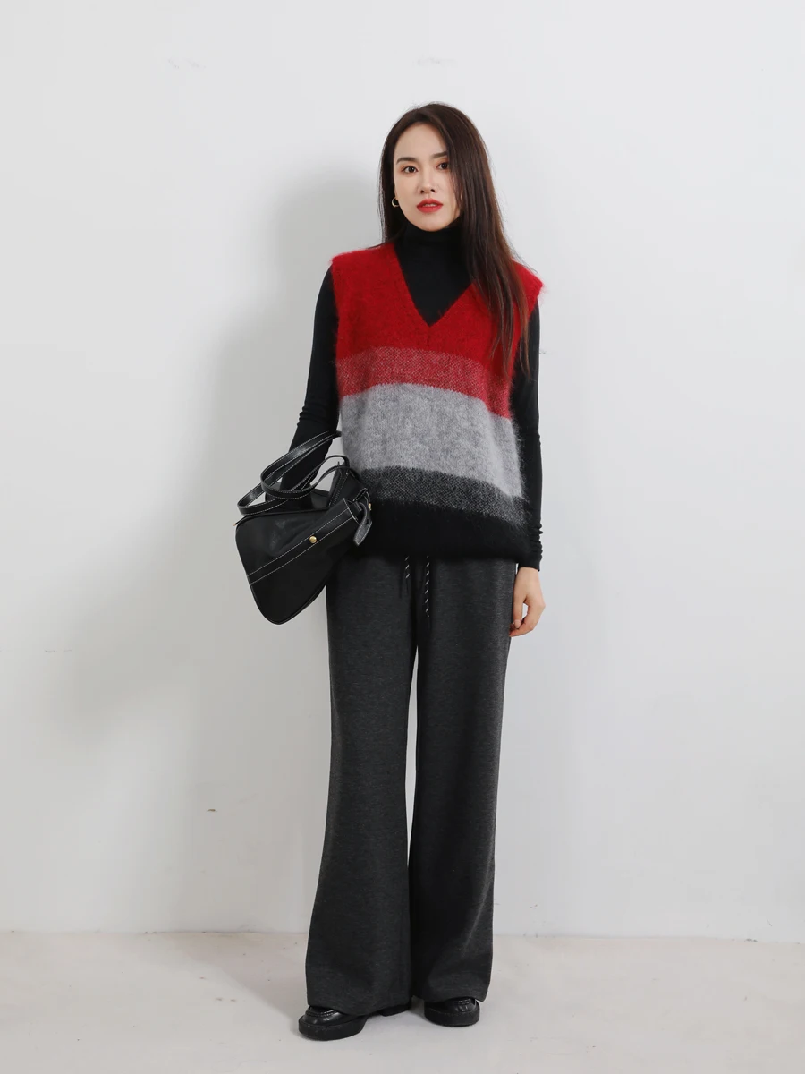 

Зимние универсальные свободные теплые повседневные брюки прямого кроя для женщин, длинные брюки с эластичным поясом в корейском стиле для работы и повседневной носки