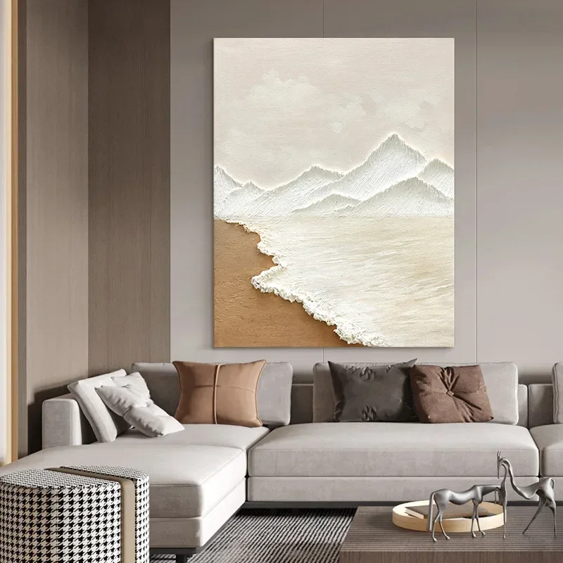 Hand-painted Acrylic Textured Sandstone Painting, Ocean Waves Wabi-Sabi Cream Wind Oil Painting, Living Room Decorative Painting