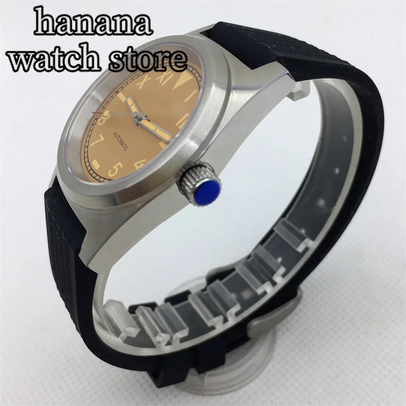 ساعة غطس أوتوماتيكية مزودة بحافظة مصقولة ، كاليفورنيا ، قرص أصفر أسود ، كريستال ياقوت أخضر مضيء ، NH35A مطاطي ، حزام 38