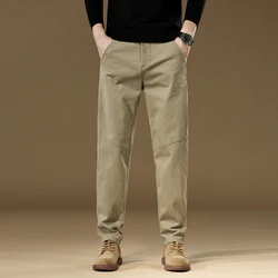 Spring Autumn Mens Cotton Casual Pants Regular Straight Dark Grey Khaki Business Work Trousers New Male High-quality Pants
