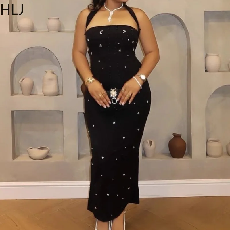 HLJ مثير اللؤلؤ حجر الراين المرقعة Bodycon فساتين طويلة امرأة الرسن عارية الذراعين الطباعة فساتين الإناث نادي الحفلات Vestidos
