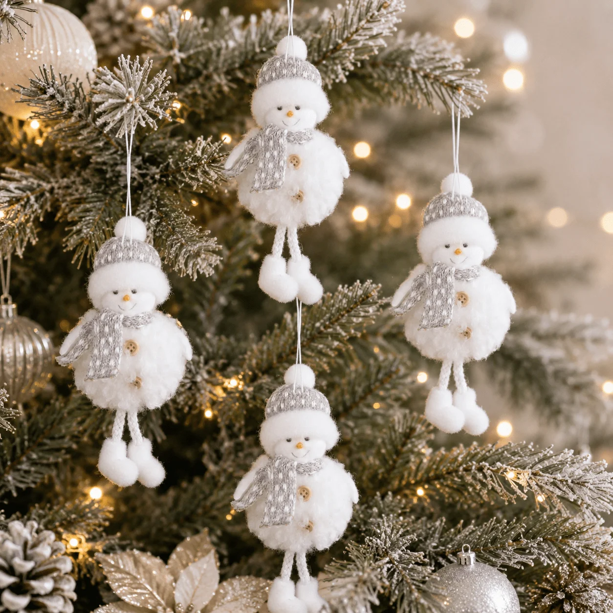 3pcs Snowman Christmas Hanging Ornament, Gray and Pink Hat Scarf Snowman Pendant with Buttons and Dangling Legs,Room Decoration