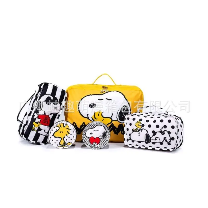 Snoopy cartoon printed polka dot dog zipper travel storage set five piece yellow cute portable toiletry bag