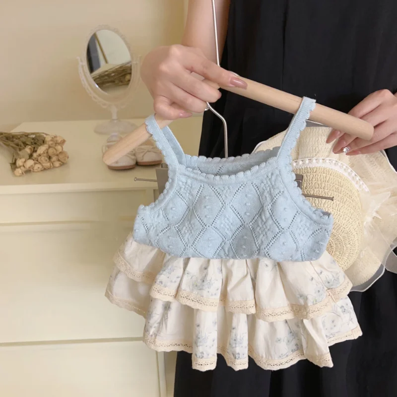 Summer Kids Clothes Girls Fashion Sweet French Cute Knit Camisole Vest Lace Shorts Skirt 2 Piece Set Toddler Girl Boutique Set