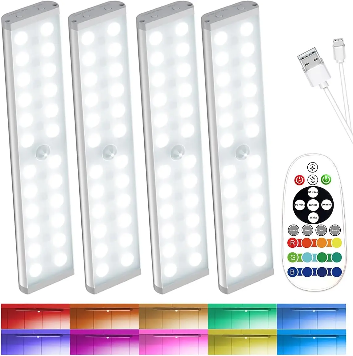 

Беспроводные светодиодные светильники под шкаф с датчиком движения, RGB-подсветкой, аккумулятором 1100 мАч, магнитным креплением (4 шт.)