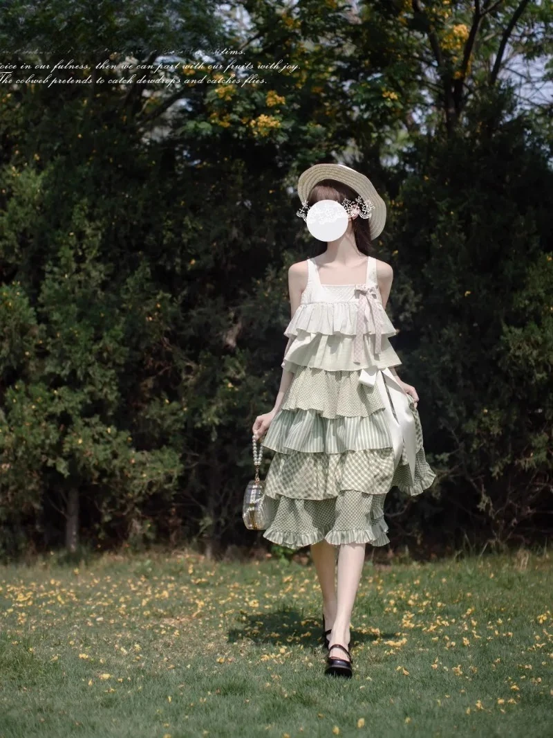 Sukienka Lolita Zielona Falbanka Tort Letnia Nowa Wakacyjna Słodka Dziewczęca Łączona Bez Rękawów Trapezowa Sukienka Midi