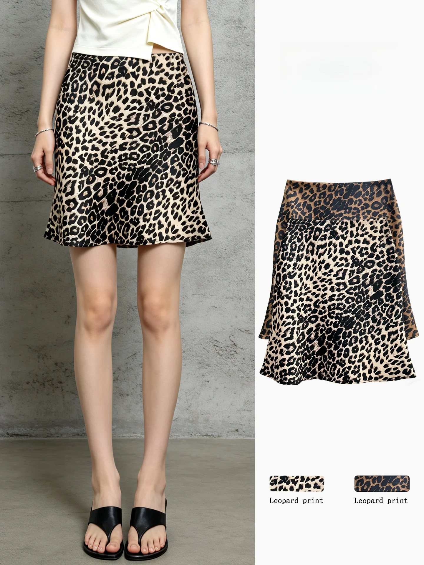 

High Waist Satin Leopard Print A-Line Skirt Women's Summer New Style Hot Girl Design Sense Fish Tail Short Skirt