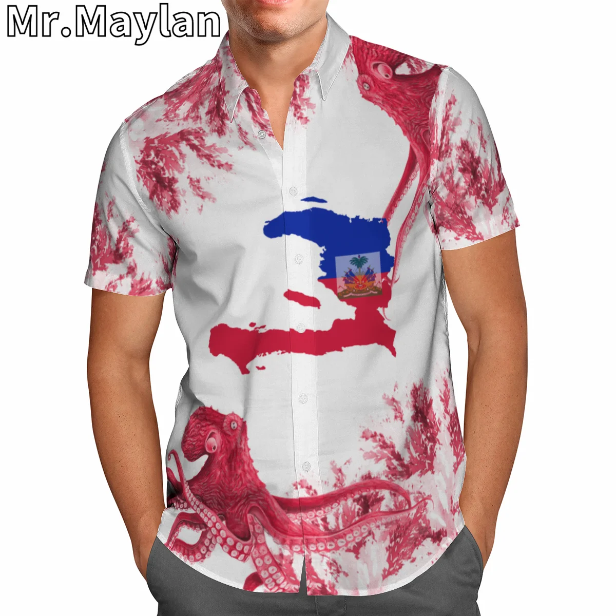 

HAITI HAWAIIAN SHIRT HAITI COAT OF ARMS Octopus 3D Men Shirt Summer Short Sleeve Tee Men Shirts 2024 Oversized 5XL Chemise Homme