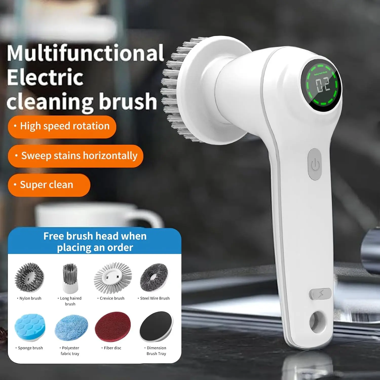 Purificador giratório elétrico, escova de limpeza sem fio com 8 cabeças, limpador de banheiro e cozinha (branco, SX828)