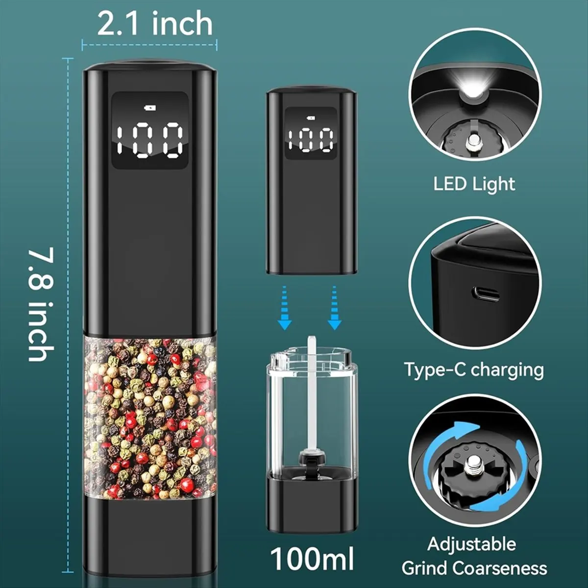 Persevering- Electric Salt and Pepper Grinder Set with Digital Display,Automatic Salt Pepper Mill Grinder Adjustable Coarseness