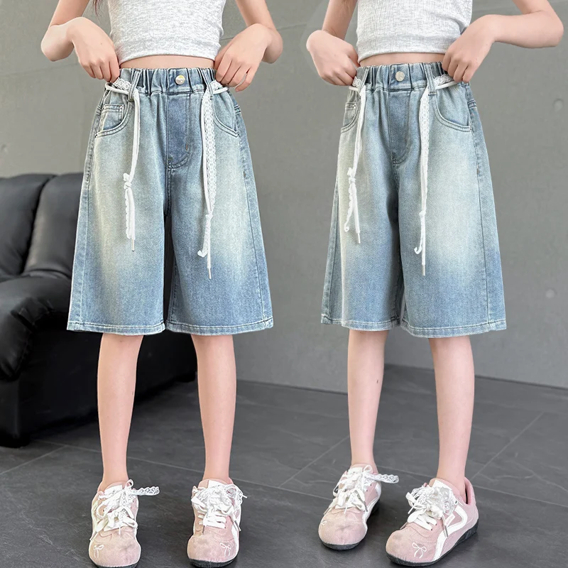 

New Summer Kids Lace Drawstring Denim Shorts for Teens Girls y2k Harajuku Vintage Blue Jeans Capris Child Age 5 7 9 11 13 14 Y