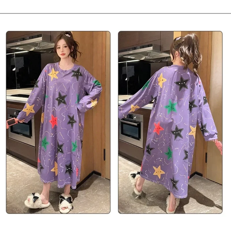 150kg Extra Large Loose Pajamas Women Cute Autumn Spring Long-sleeved Nightgown with Chest Pads Plus Size Home Dress Loungewear