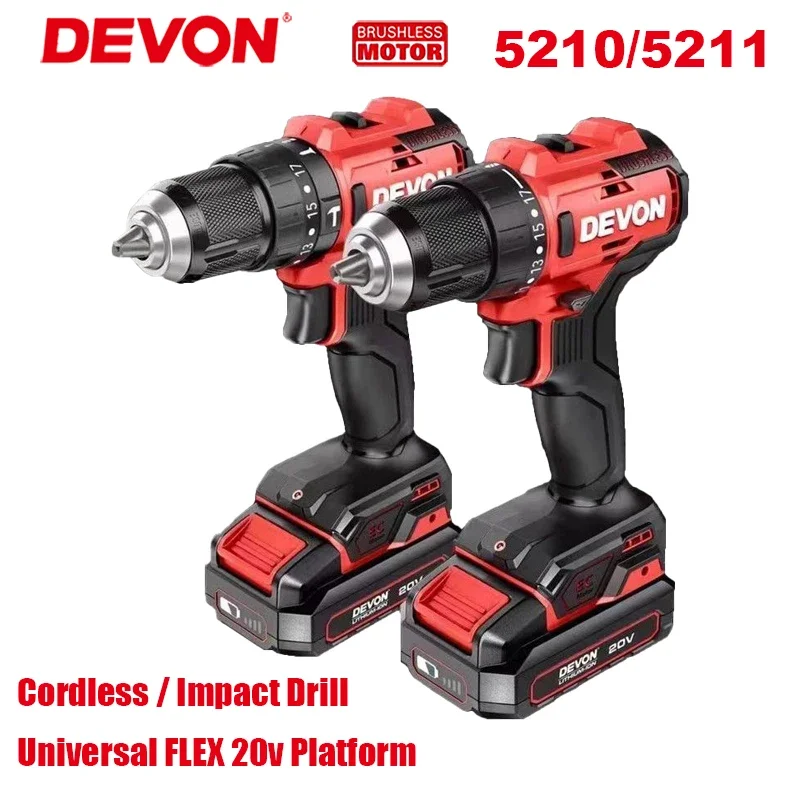 Devon 5210 Cordless Drill 5211 Imacpt Brushless Light Duty Rechargeable 20v 50Nm 1800rpm Adjustable Speed Share Flex Battery