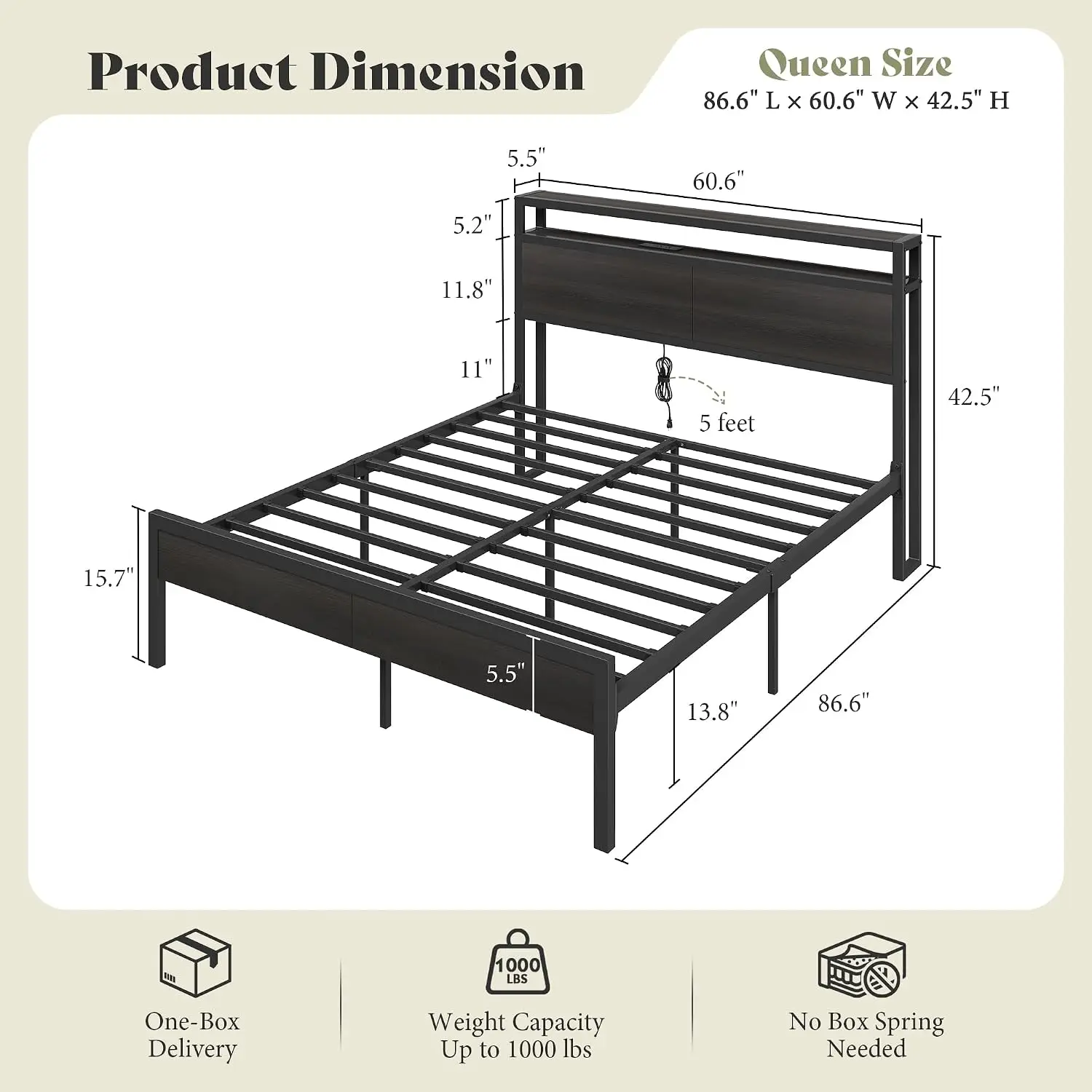 Queen Bed Frame with Charging Station & Storage Headboard, Under-Bed Storage, Heavy Duty Slats, No Box Spring, Black, Customized