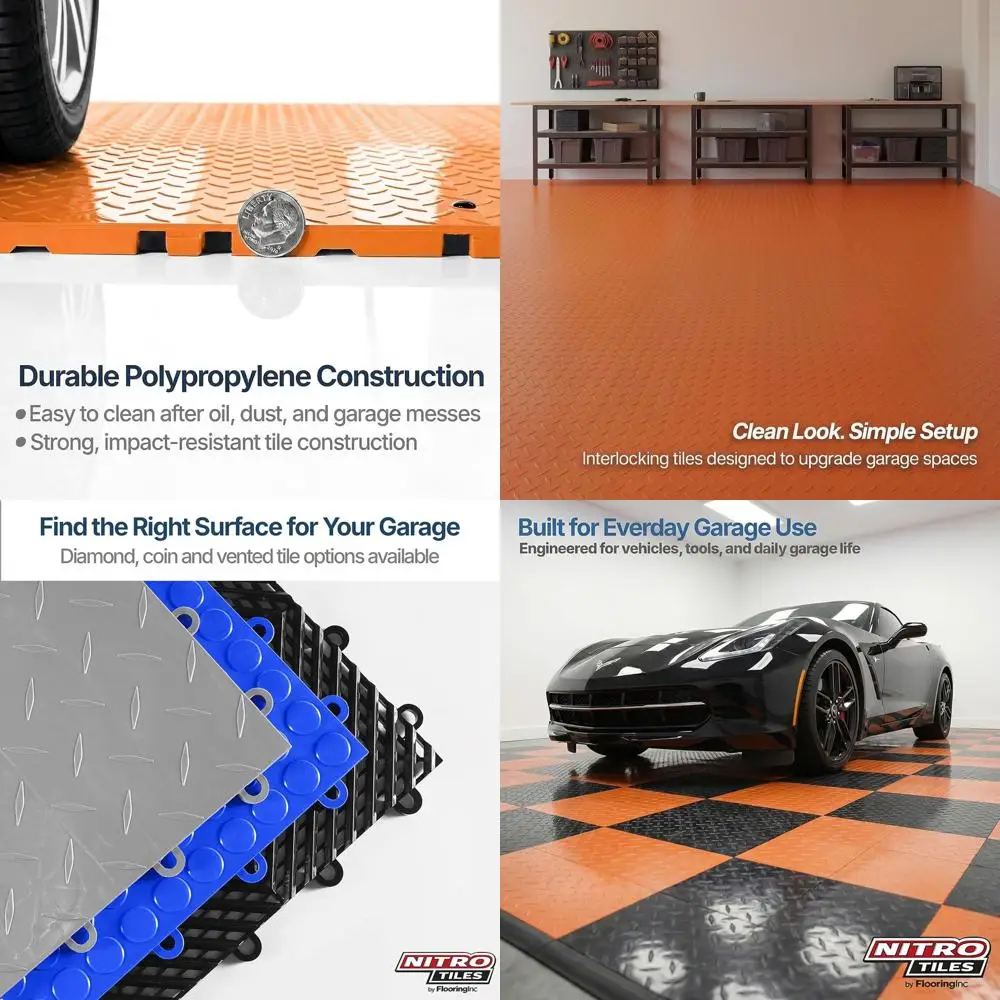 

12 x 12 Heavy-Duty Interlocking Garage Floor Tiles, Diamond Pattern Polypropylene Flooring, Non-Slip, Orange, 12-Pack, 12 Sq/ft