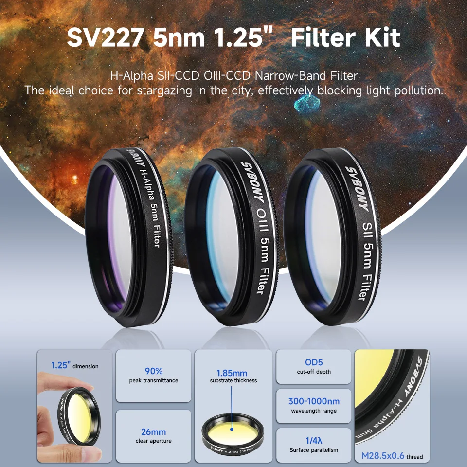 Svbony SV227 1,25" 5 nm Schmalbandfilter-Set H-Alpha SII-CCD OIII-CCD SHO für DSO-montierte Deep Sky-Beobachtung von Lichtverschmutzung – Detail 2
