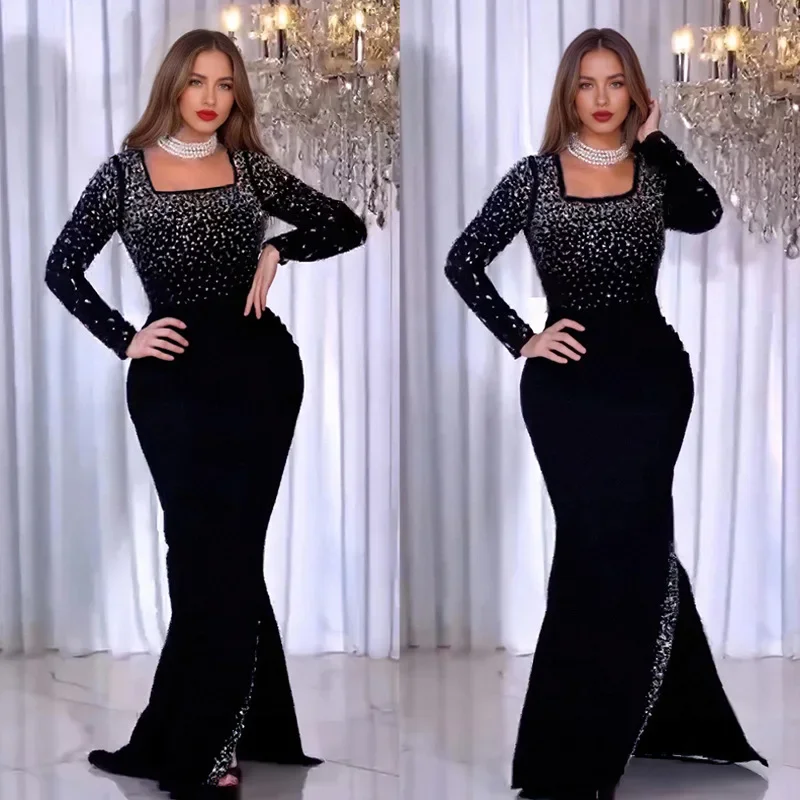 

Fashion Style African Party Dresses Diamonds for Women Square Neck Ankara Dashiki Wedding Evening Gown Muslim Dress Kaftan Robe