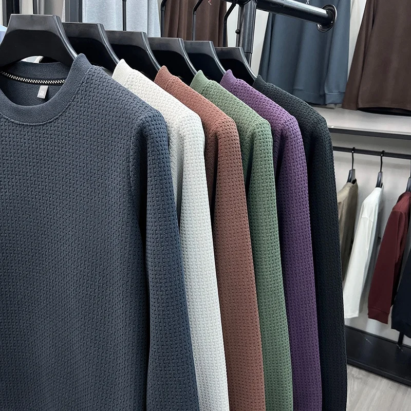 Herren-Sweatshirt mit Rundhalsausschnitt, Waffelstruktur, langen Ärmeln, einfarbig, lockerer Schnitt, lässig, für den täglichen Gebrauch, ein Basic-Oberteil für Herbst und Winter. – Detail 24