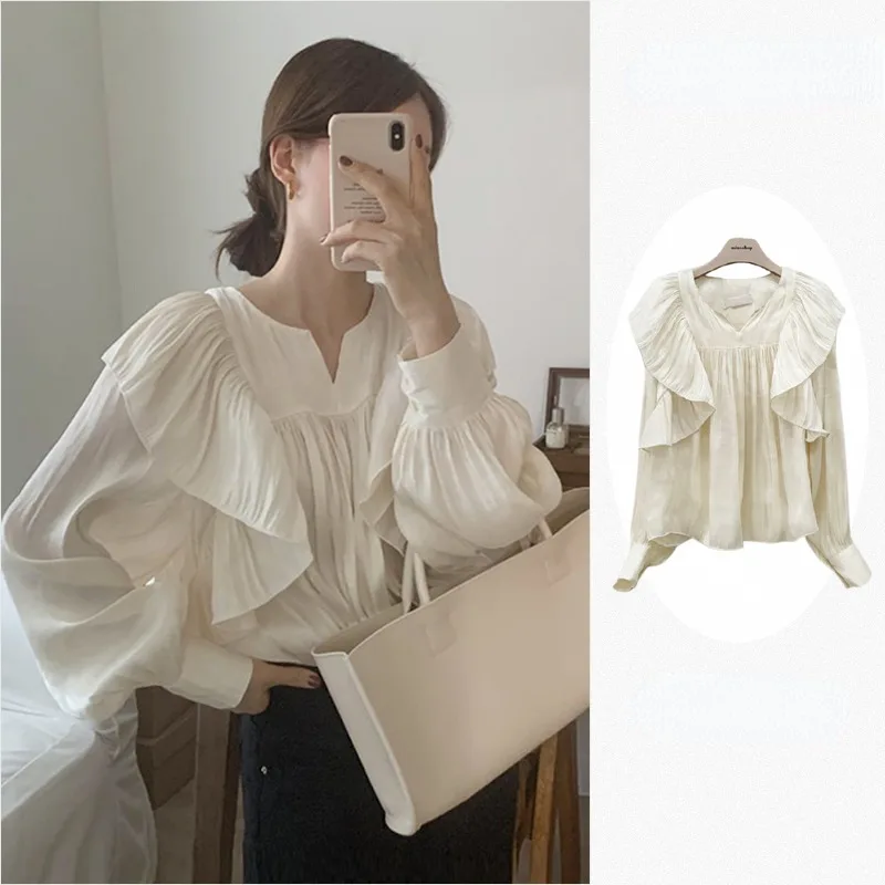 Pleated Shirt with Ruffles for Women, Korean Chic Sweet Blouse, Beige Tops, Long Lantern Sleeve, Loose Clothes, Spring Autum 201